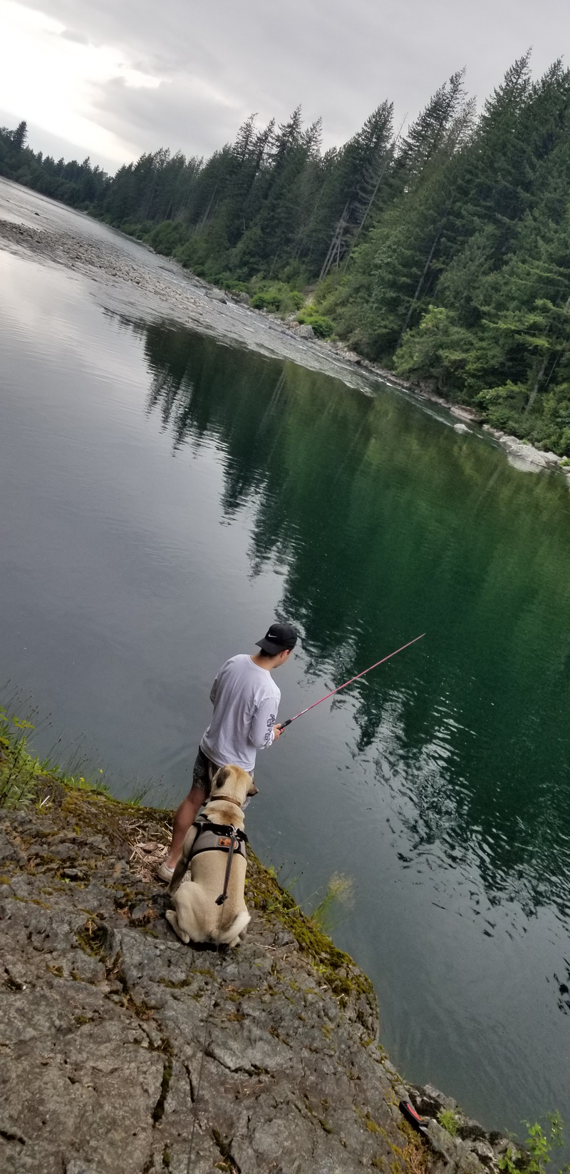 Taught my friend how to fish with the gear he’d brought. Unfortunately that gear hadn’t included a bobber so he was dragging along the river bed. Tried tying the hook a foot above the weight to compensate, but we didn’t even get do much as a nibble.